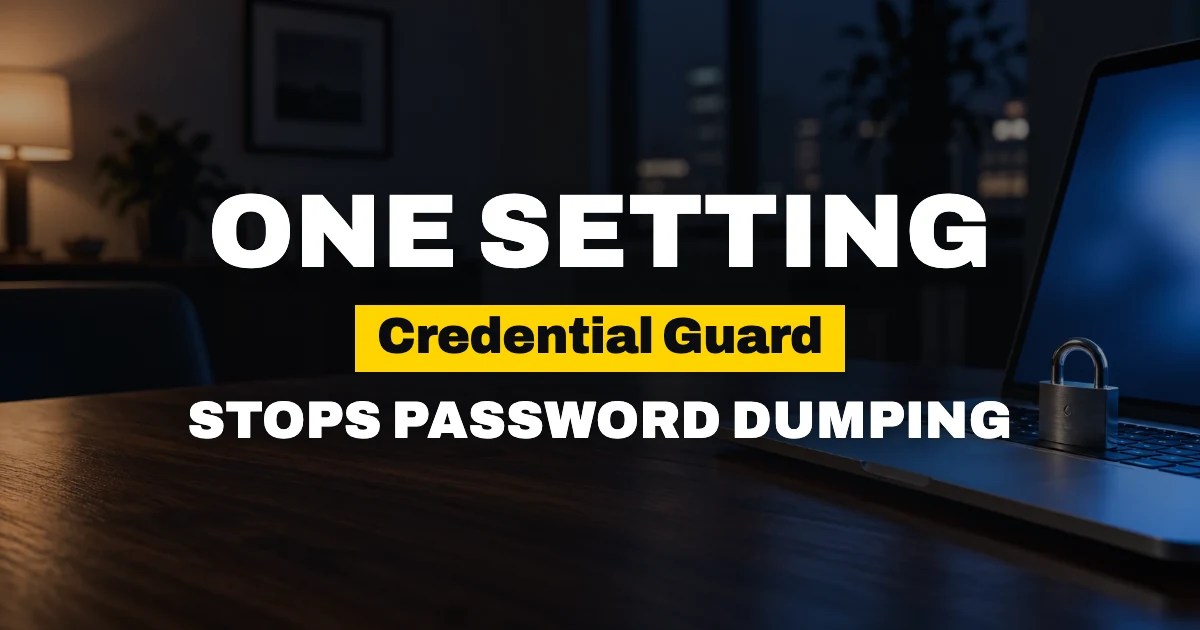A laptop with a padlock on its keyboard in a dark office, under the headline One setting, Credential Guard, stops password dumping